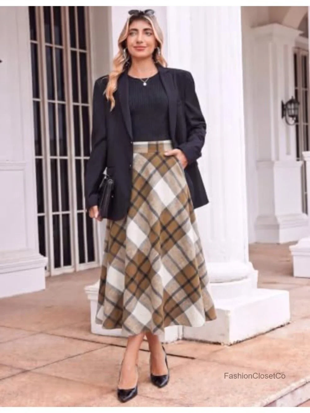 Elastic Waist Plaid Midi Skirt with Pockets